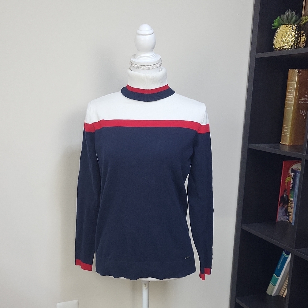 TOMMY HILFIGER Red White Blue Colorblock Silver Button Turtleneck Sweater
